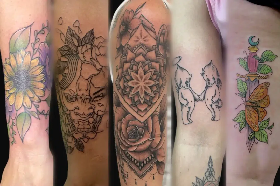 A collection of colorful, floral and fine-line tattoos by Pheobe